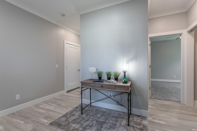 interior space featuring ornamental molding and light hardwood / wood-style flooring