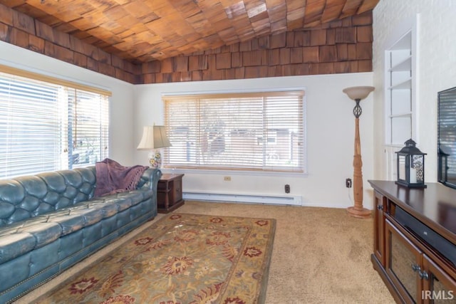 living room with baseboard heating, vaulted ceiling, wood ceiling, built in shelves, and light carpet