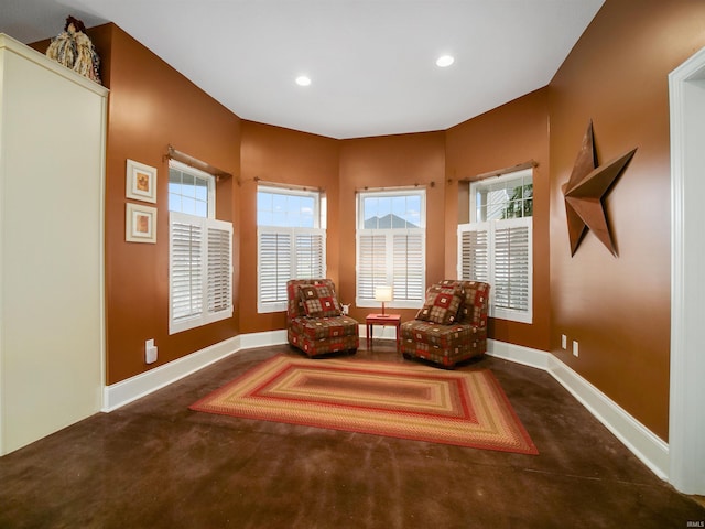 sitting room with dark colored carpet