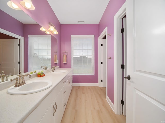 bathroom with hardwood / wood-style flooring and double vanity