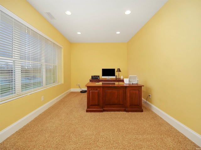 office area featuring light carpet