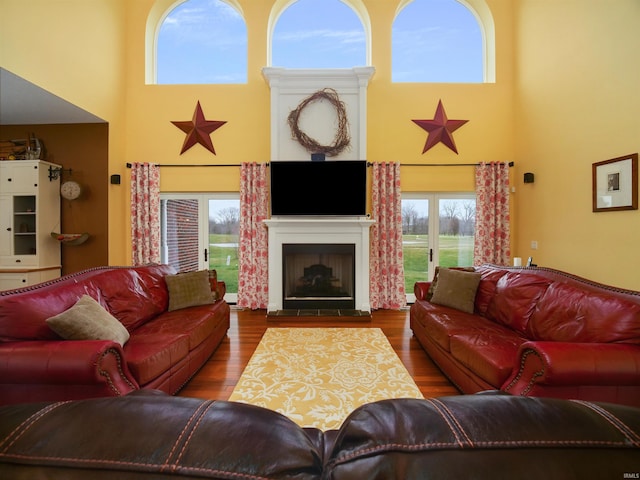 living room with a healthy amount of sunlight, a high ceiling, and hardwood / wood-style flooring