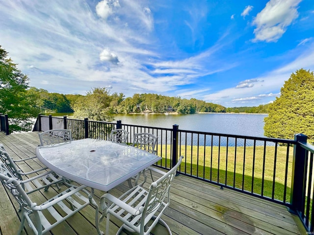 deck featuring a water view and a lawn