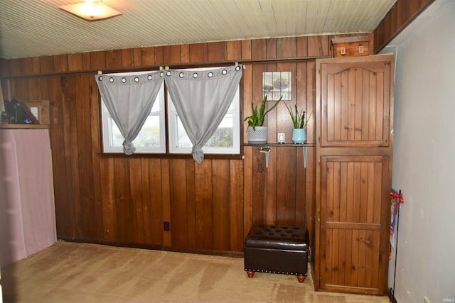 interior space with carpet flooring and wooden walls