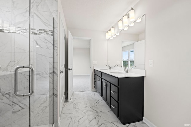 bathroom with walk in shower, double sink vanity, and tile floors