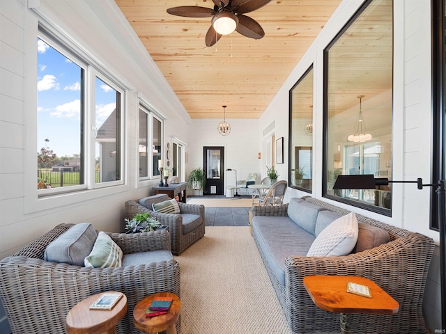 sunroom featuring ceiling fan and wooden ceiling