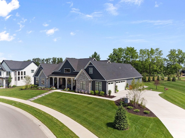 craftsman-style house with central AC, a garage, and a front yard