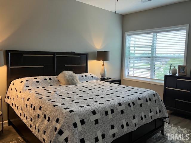 bedroom featuring dark hardwood / wood-style floors and multiple windows