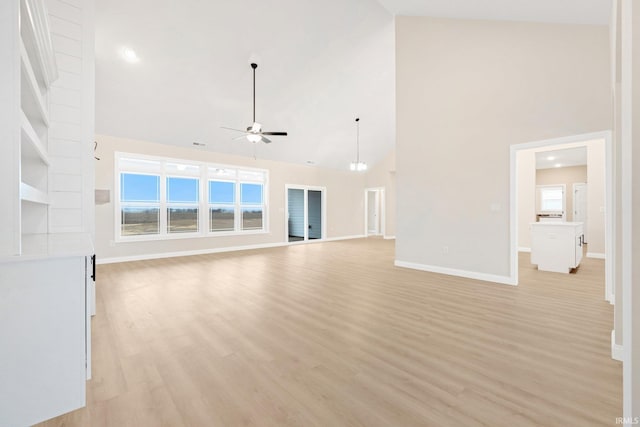 unfurnished living room with light hardwood / wood-style flooring, high vaulted ceiling, and ceiling fan