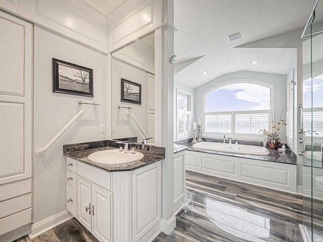 bathroom featuring lofted ceiling, vanity, and a washtub