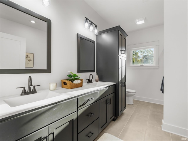 bathroom featuring toilet, vanity, and tile patterned flooring