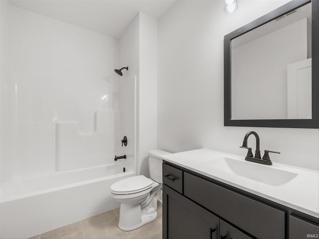 full bathroom featuring bathing tub / shower combination, toilet, vanity, and tile patterned flooring