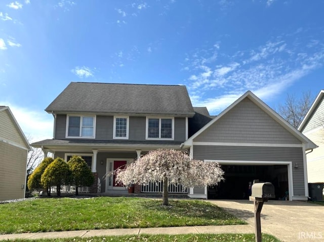 view of front of home featuring covered porch and a front lawn