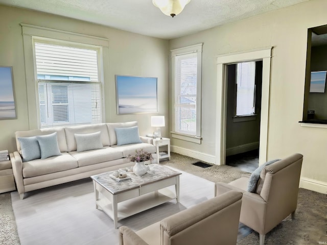 living room with a textured ceiling