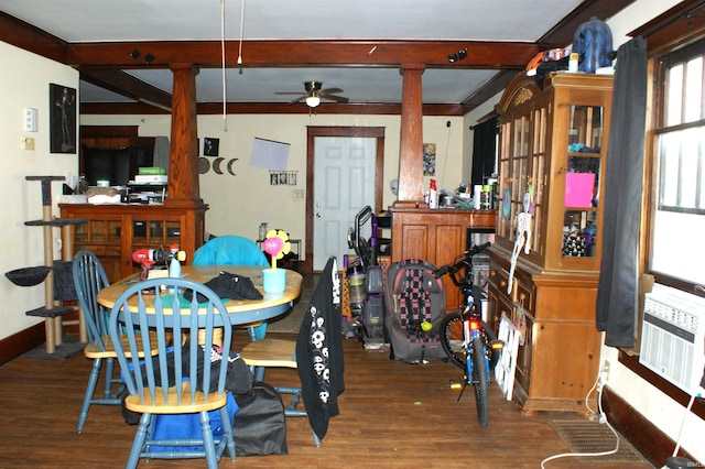 dining room with beam ceiling, ceiling fan, and hardwood / wood-style flooring