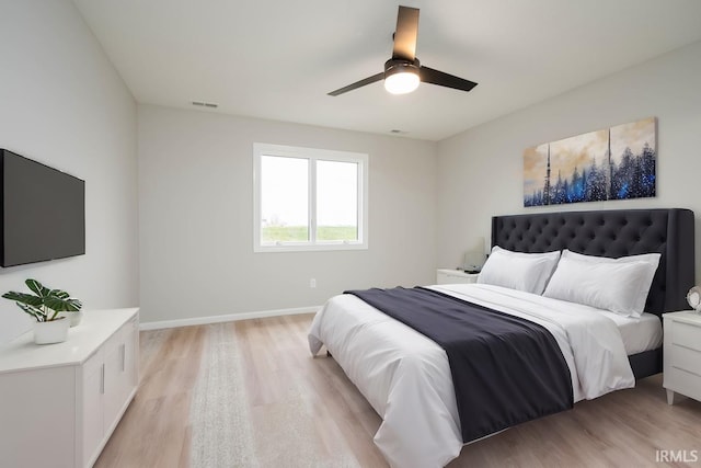 bedroom featuring ceiling fan and light wood-type flooring