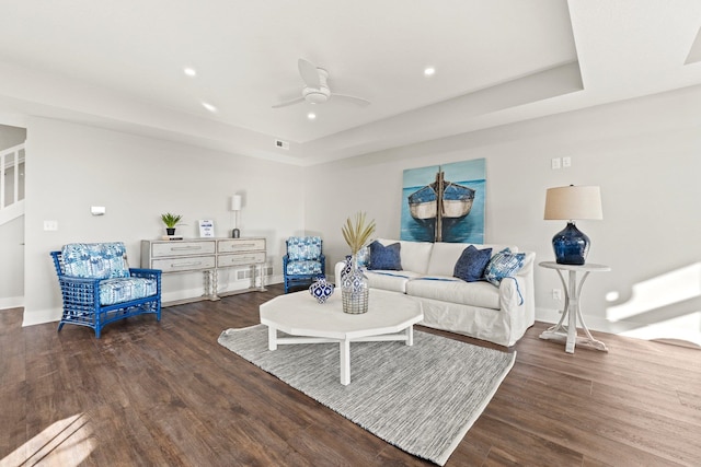 15 Ln 345 Crooked Lk, Angola, IN 46703 - living room featuring ceiling fan, a tray ceiling, and dark wood-type flooring