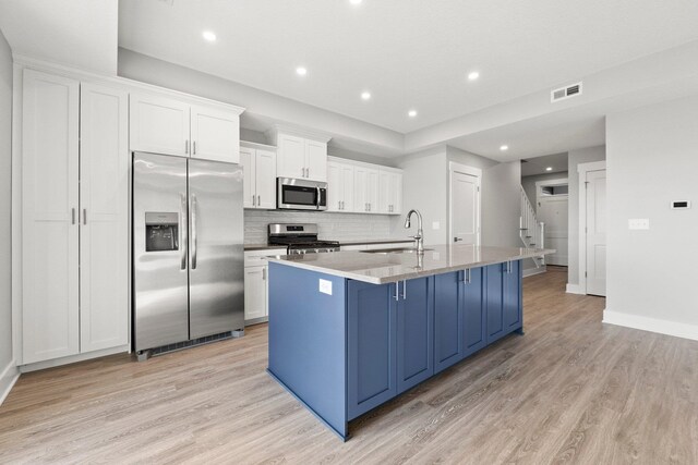 19 Ln 345 Crooked Lk, Angola, IN 46703 - kitchen with appliances with stainless steel finishes, backsplash, a center island with sink, white cabinets, and light wood-type flooring
