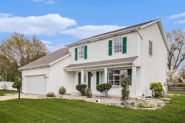 view of property featuring a garage and a front lawn