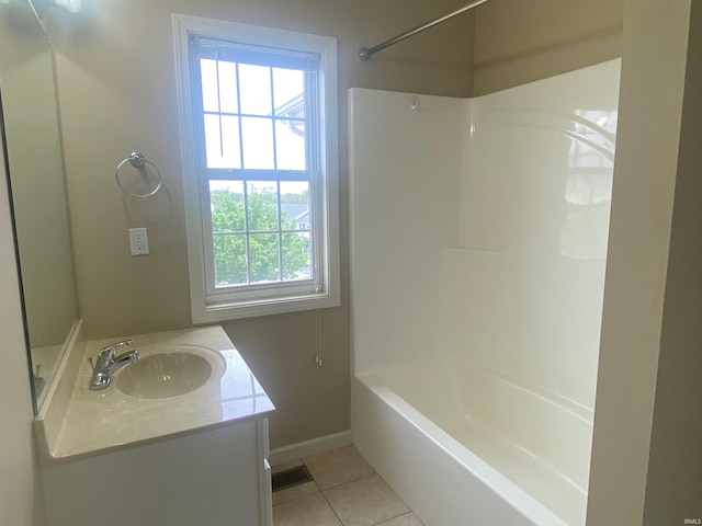 bathroom featuring shower / bathing tub combination, vanity, and tile flooring