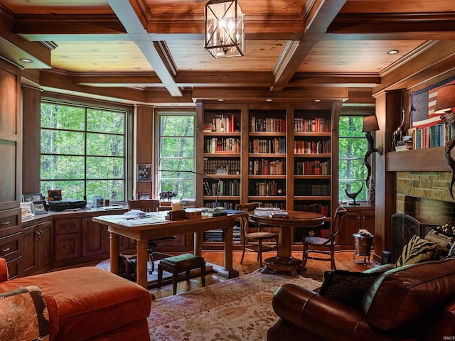 home office with wood ceiling, hardwood / wood-style flooring, a fireplace, and coffered ceiling