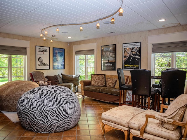 tiled living room featuring a healthy amount of sunlight and track lighting