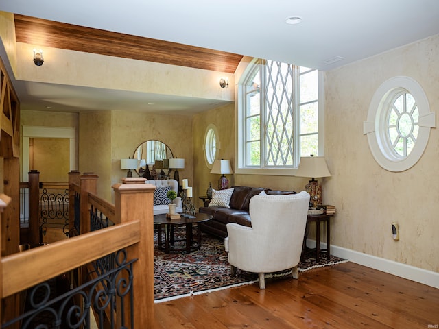 living room with wood-type flooring and a healthy amount of sunlight