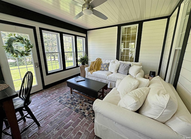 sunroom / solarium featuring ceiling fan and wooden ceiling