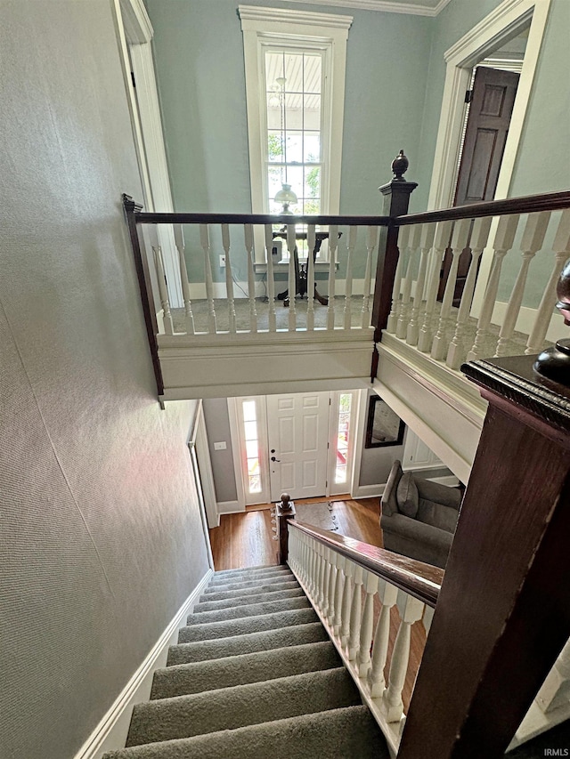 stairs featuring ornamental molding and hardwood / wood-style flooring