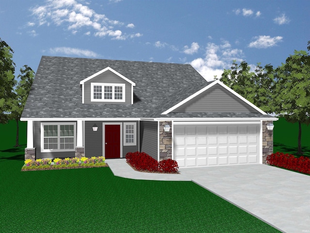 exterior space featuring a garage and a front lawn