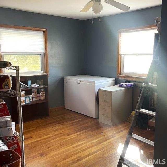 260 Lyons Ln, Heltonville, IN 47436 - laundry area featuring light hardwood / wood-style flooring, ceiling fan, and washer and clothes dryer