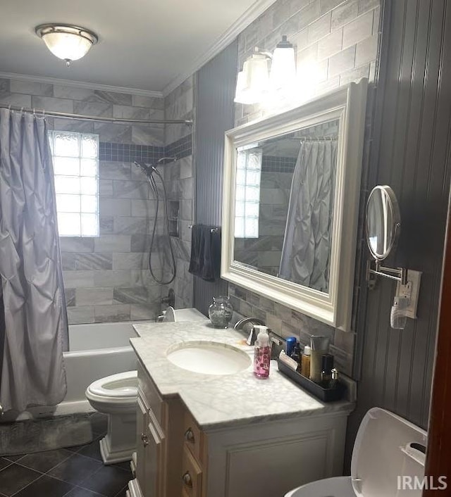260 Lyons Ln, Heltonville, IN 47436 - full bathroom featuring shower / bath combo, toilet, vanity, tile floors, and ornamental molding