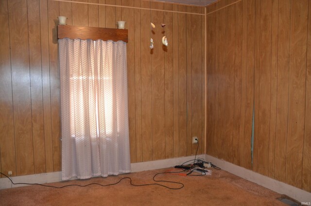 unfurnished room featuring wooden walls