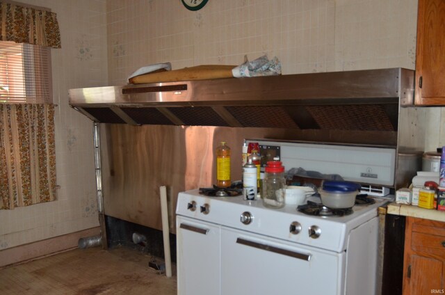 kitchen with white cabinets and wall chimney exhaust hood