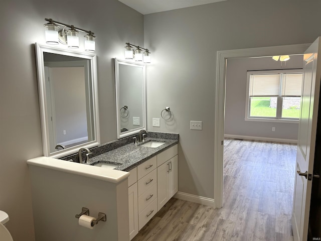 bathroom featuring wood-type flooring, double sink vanity, and toilet