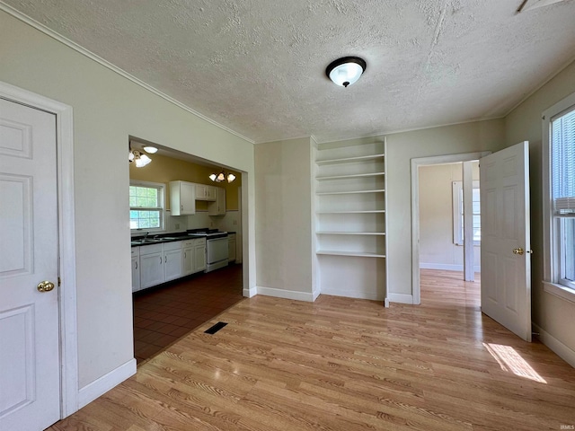 unfurnished living room featuring a textured ceiling and light hardwood / wood-style flooring