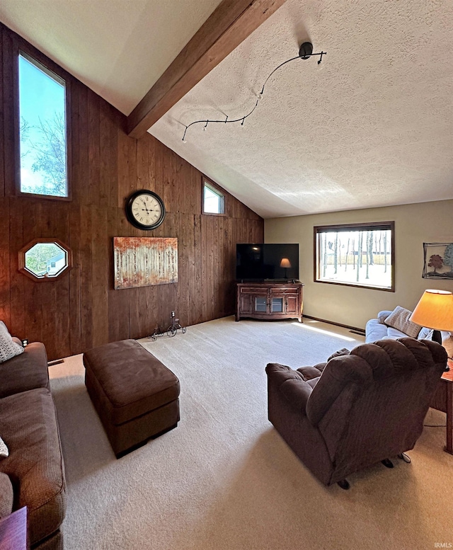 carpeted living room featuring a textured ceiling, lofted ceiling with beams, a baseboard heating unit, and wooden walls