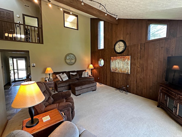 carpeted living room featuring lofted ceiling, wood walls, track lighting, and a textured ceiling