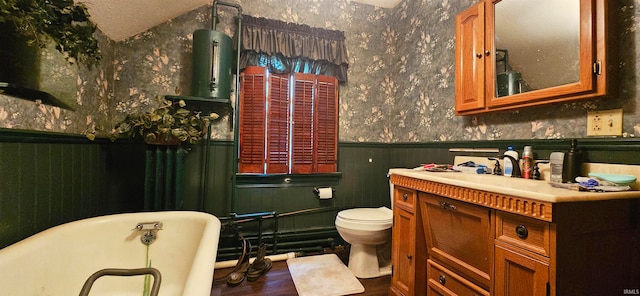 bathroom with vaulted ceiling, toilet, a textured ceiling, vanity, and a tub