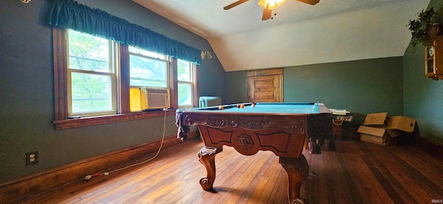 recreation room featuring lofted ceiling, ceiling fan, hardwood / wood-style flooring, and pool table