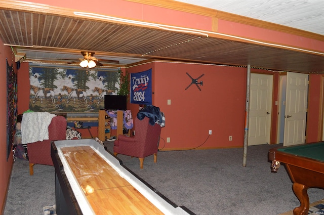 rec room featuring ceiling fan, carpet floors, and billiards