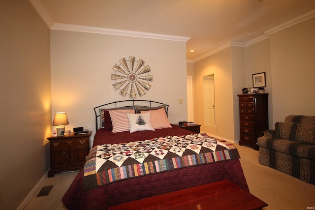 bedroom featuring light carpet and ornamental molding