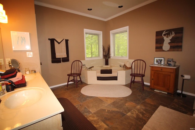 bathroom featuring a bath, vanity, and crown molding