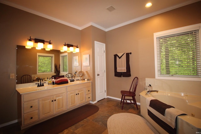 bathroom featuring a washtub, vanity, and ornamental molding