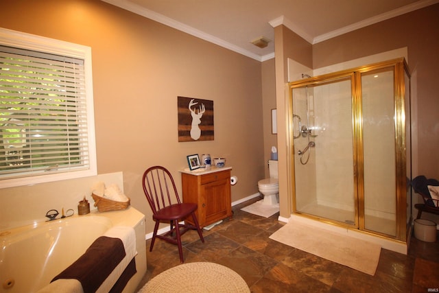 bathroom with separate shower and tub, toilet, and ornamental molding