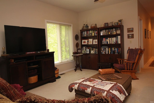 living area with light carpet