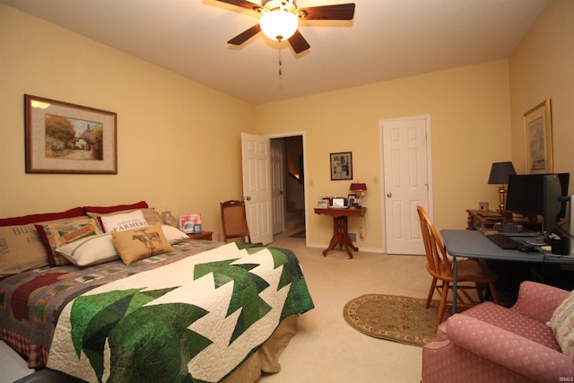 bedroom featuring light colored carpet and ceiling fan