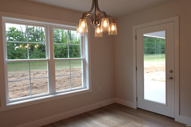 doorway with wood-type flooring, a notable chandelier, and a healthy amount of sunlight