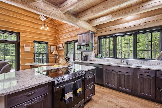 kitchen with light hardwood / wood-style floors, range with electric cooktop, backsplash, log walls, and wooden ceiling