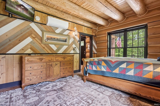 bedroom with beamed ceiling, wooden walls, wood ceiling, and a wall mounted air conditioner